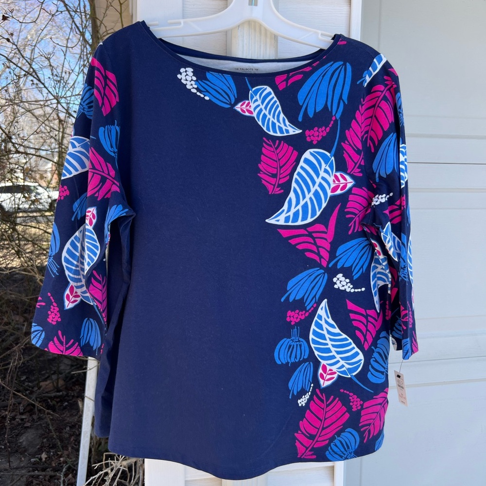NWT Talbots Pretty Navy Multicolored Floral Ballet Neck 3/4 Sleeve Top
